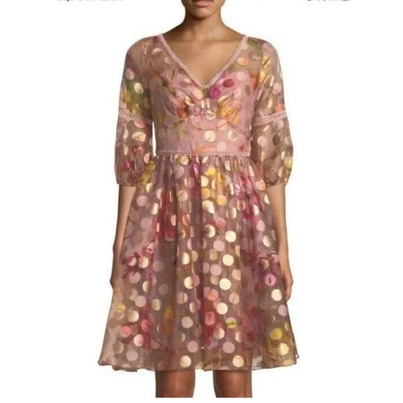 Marchesa Notte V-Neck Bubble Sleeve Polka Dot Cocktail Dress Blush Size 4 - Picture 5 of 16